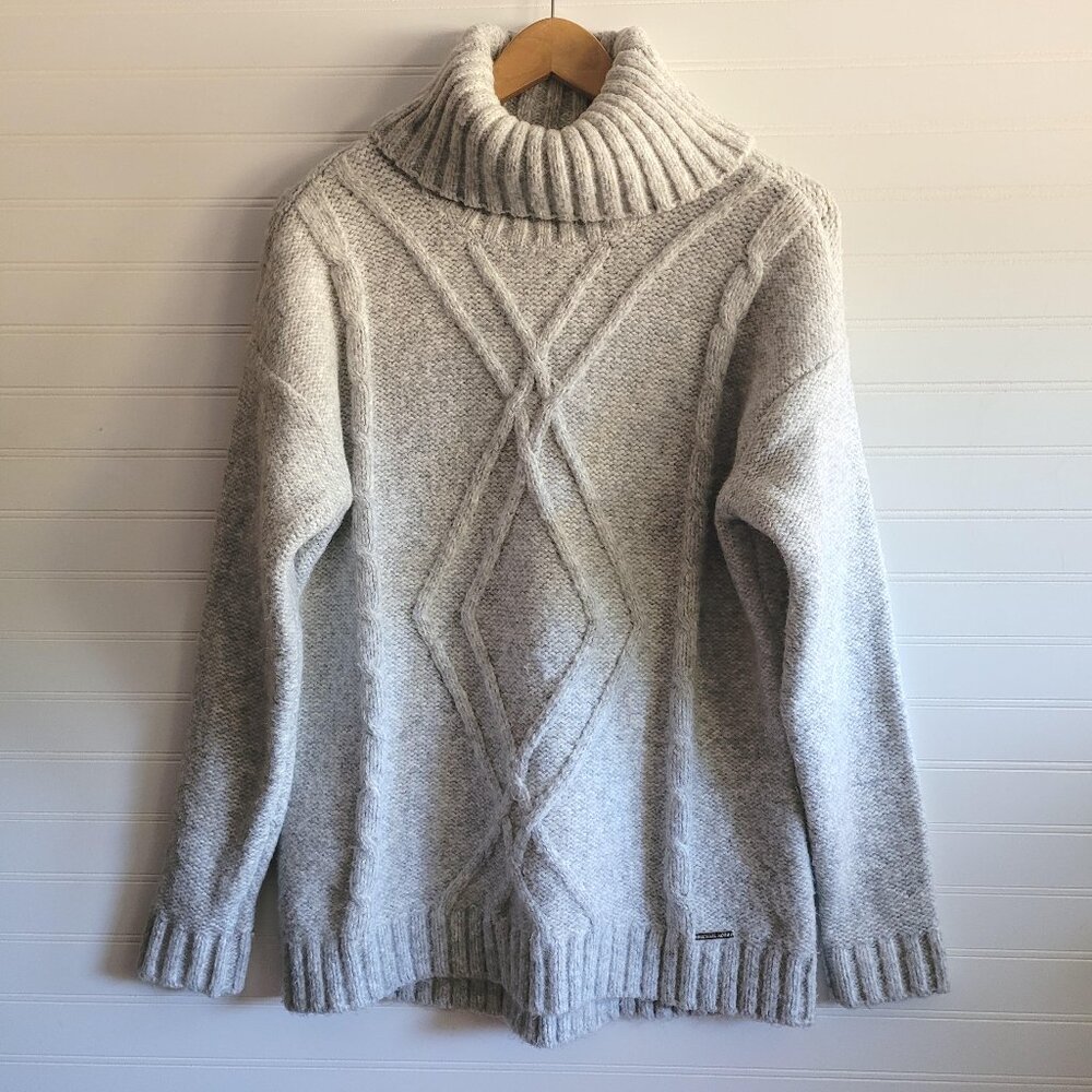 Michael Kors Sweater Medium Grey Cream Chunky Fisherman Knit Cable Turtleneck